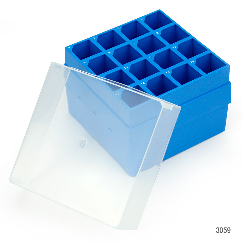 Globe Scientific Storage Box with Lid for 50mL Centrifuge Tubes, 16-Place (4x4), PP, Blue Base & Clear Lid, 4 Boxes/Carton Storge Boxes; Plastic Boxes; 15mL Tube box; 50mL tube box